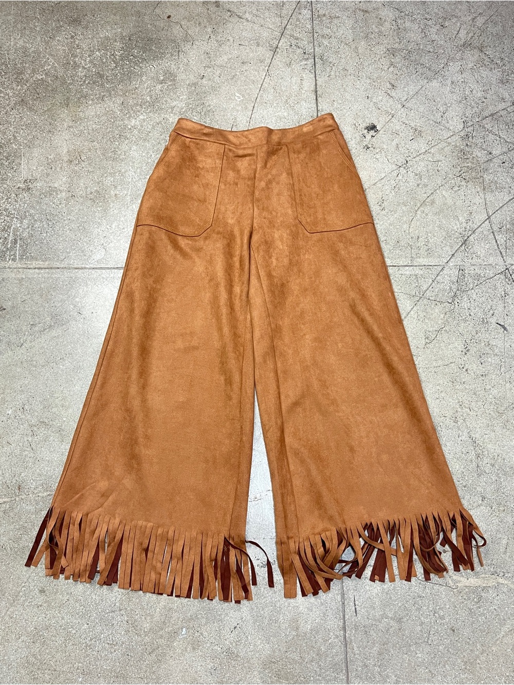 💚 3936. Umgee Suede Finish Wide Leg Fringe Hem Pants in Cognac Brown